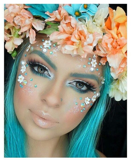 Mermaid, Fairy, Unicorn Makeup Look. 10 gorgeous halloween makeup looks! Cheetah makeup, spider girl makeup, deer makeup, doe makeup, fawn makeup, fairy makeup, pop art makeup, fairy makeup, unicorn makeup, mermaid makeup, sugar skull makeup. Love this site with all of the gorgeous inspiration.